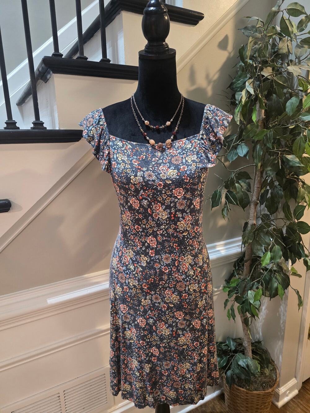 Loft Shift Dress Women's Medium Multicolor Floral Square Neck Flutter Sleeves
